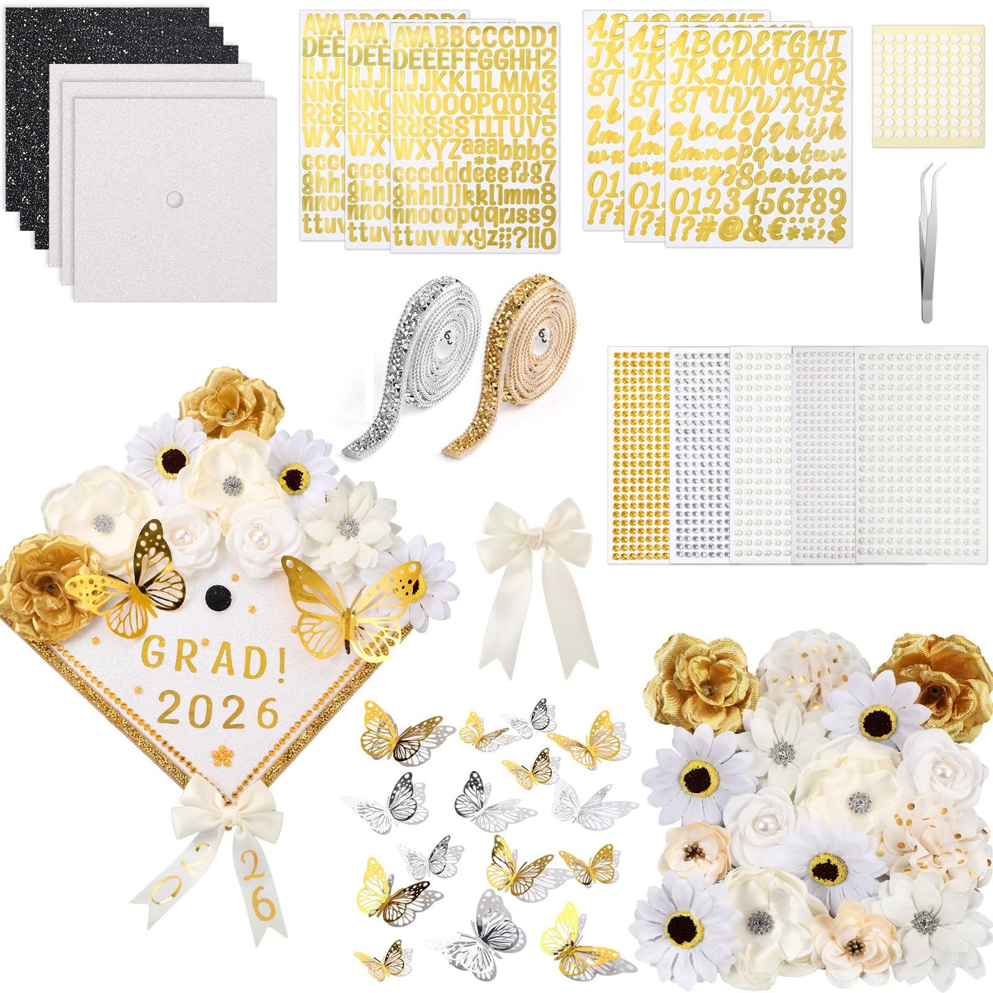 Wavwavw 63 Pcs DIY Graduation Cap Decorations Kit Include Faux Flowers 3D Butterfly Bow Self Adhesive Rhinestones and Alphabet Letter Stickers for 2026 Grad Cap Topper Decor Graduation Party(White)