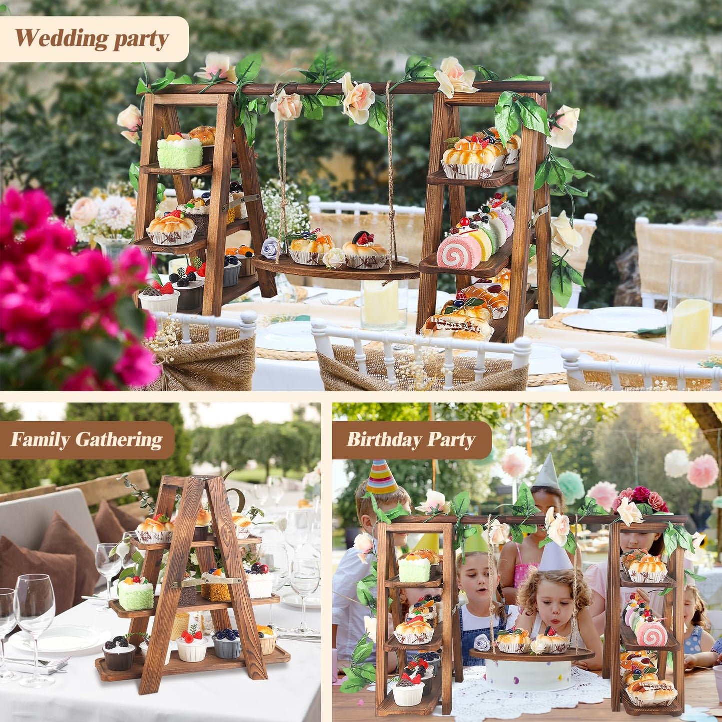 Wisreach Wooden 3 Tier Cupcake Stand with Swing and Flower Decoration Serving Removable Tray Display Serving Ladder Foldable Stand with Serving Platter Tray Party Food Display Set for Cake Snack Fruit Chips Bread Centerpieces Catering