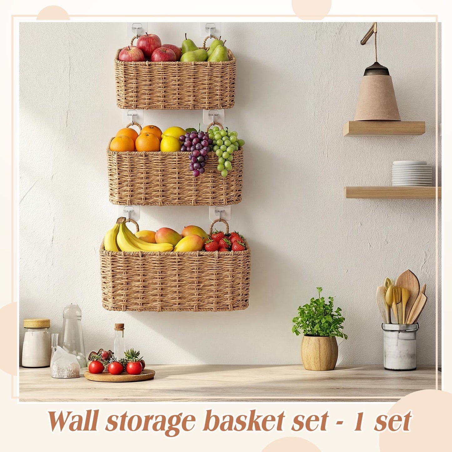 Ferrochef 3 Piece Wall Hanging Baskets for Organizing Paper Rope Woven Baskets Sets Boho Style Storage Bins for Fruits Vegetable Kitchen Storage Farmhouse Wall Decor Housewarming Gifts