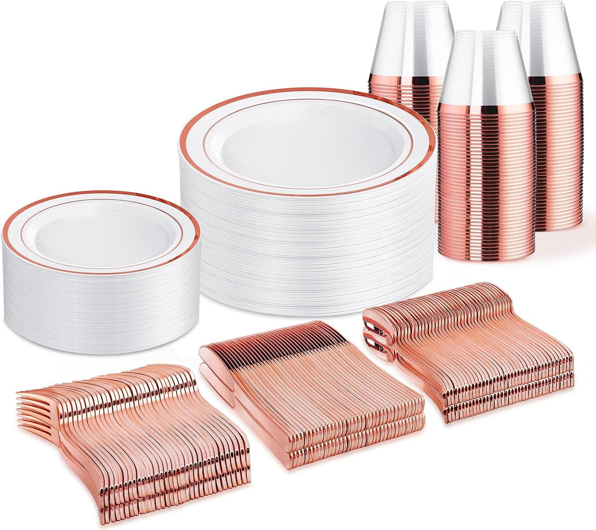 WELLIFE 300 PCS Rose Gold Dinnerware Set for 50 Guests, Valentine's Day Plate, 50 Dinner & Salad Plates,Cups, Forks Knives Spoons for Wedding Reception and Mothers Day Plates