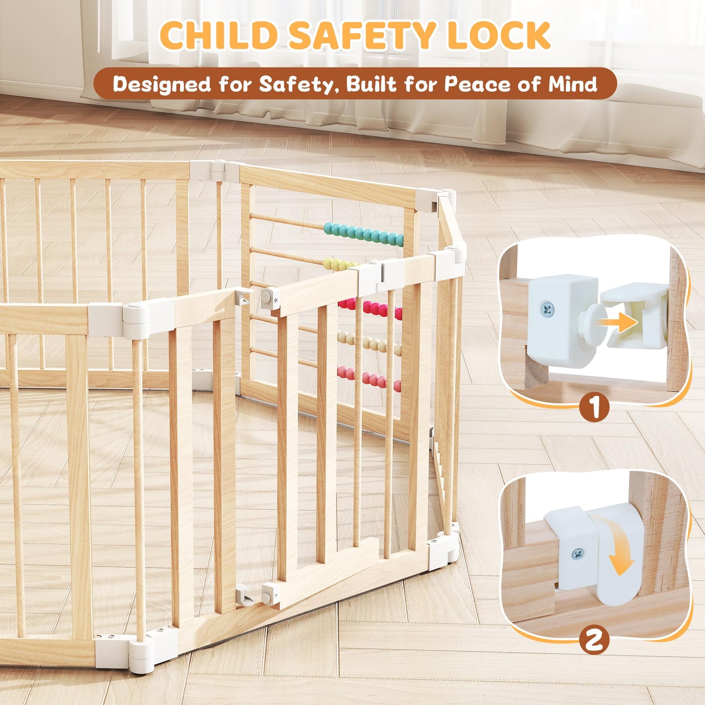 COCO DESIGN Baby Wooden Playpen, 10 Panel Foldable Play Yard with Door Panel and Built-in Toys, Adjustable Size & Shape Portable Play Yard for Babies and Toddlers (10 Panels)