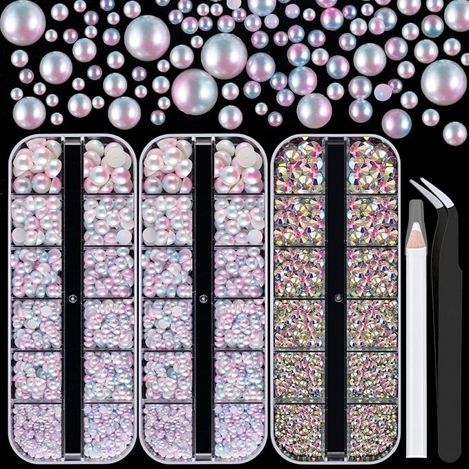 4000PCS Flatback Rhinestones and Half Round Pearls Kit #36, Multi Size Glass AB Crystals, Plastic Flat Back Pink Mermaid Dome Bead with Pickup Pencil and Tweezer for Nail Art
