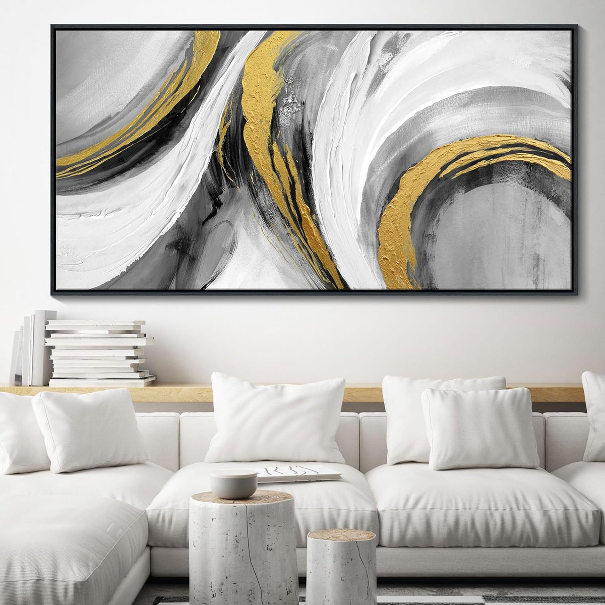 White Gold Wall Art - Abstract Framed Large Size Black White Gold Hand Drawn Textures Artwork Ink Dances With Gold Canvas Painting for Living Room Office Hallway Bed Above Decor 29"X58"