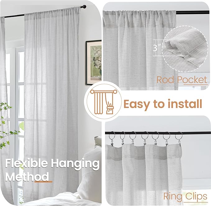 BGment Curtains 84 Inch Length 2 Panels Set for Living Room, Light Grey Linen Window Drapes Semi Sheer Lightweight Rustic Textured for Farmhouse Bedroom Light Filtering Rod Pocket, Each 42 Inch Wide