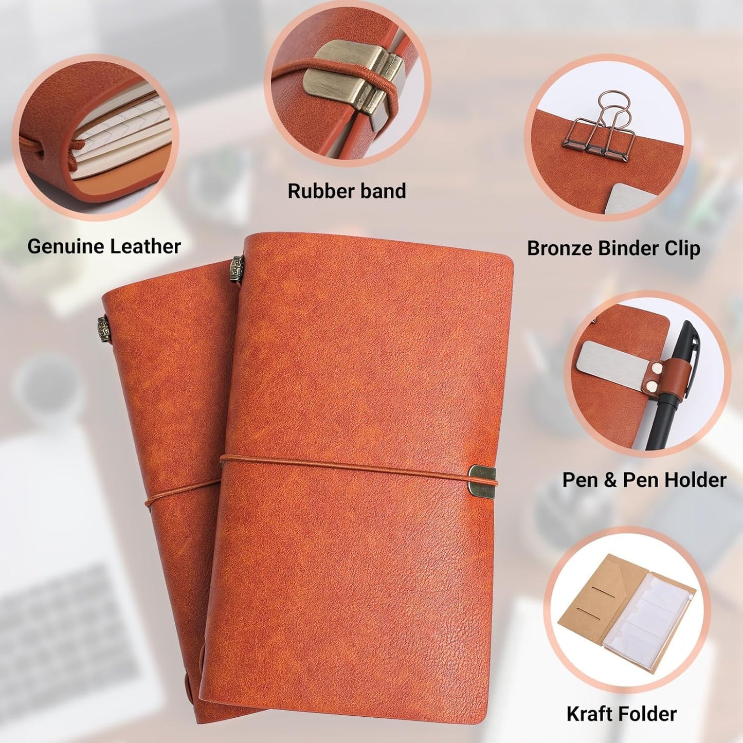 Refillable Journal Travelers Notebook - 7.8 x 4.7 Travel Diary made of PU leather, with 5 Inserts, add 2 Pens and pen Holder and Binder Clip and Transparent Card insertion bag with storage case (2 sets)