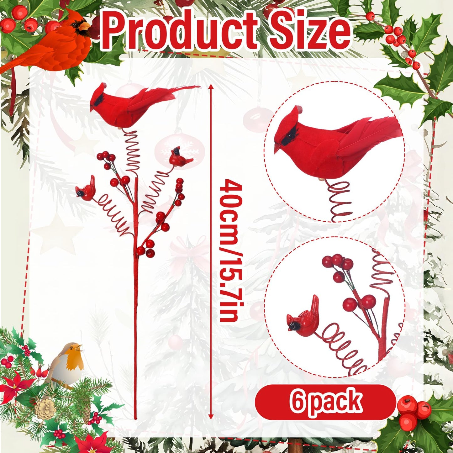 Thyle 6 Pack Cardinal Winter Tree Picks Cardinal Feathers Red Birds Decorating Stakes Artificial Red Berry Stems Holly Berry Branches for Tree Decorations DIY Crafts