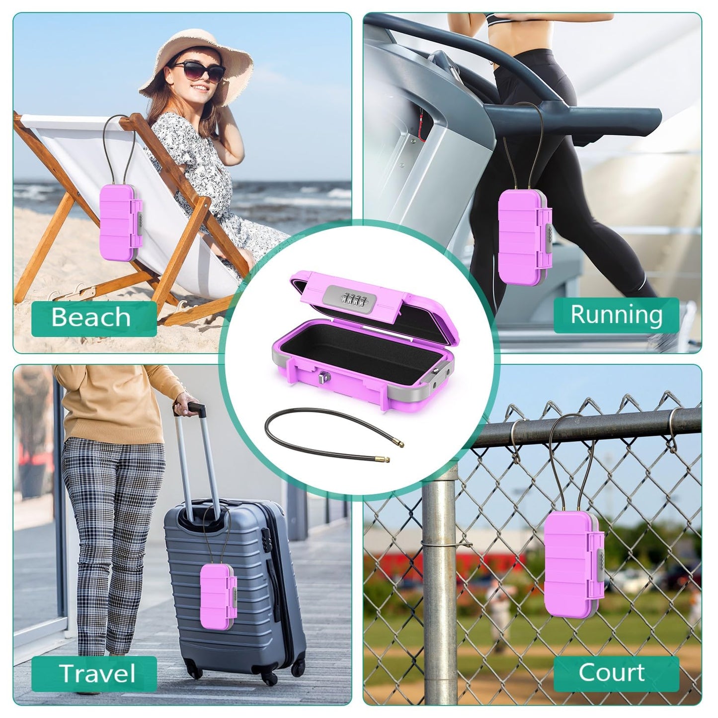 ORIA Portable Security Case, 4 Digit Combination Key Lock Box Security Case, Portable Safe Box Storage Smartphones, Passports, Credit Cards for Beach, Travel, Pink Purple