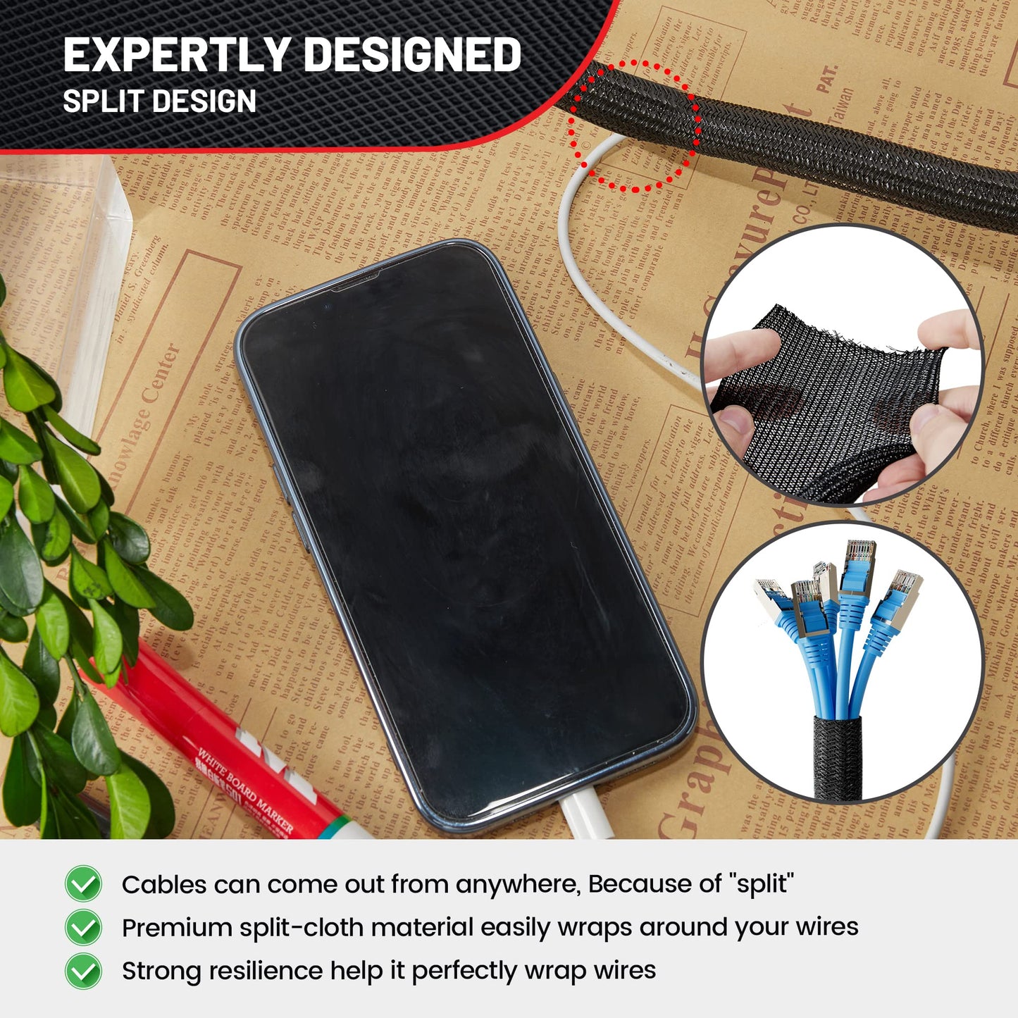 RED WOLF 1/4” x 10FT Cable Sleeves Cord Management Braided Wire Loom Sleeving Protector Wiring Cable Cover Flexible Self-Wrap for Automotive Home Office Anti-Scratch High-Temperature Black