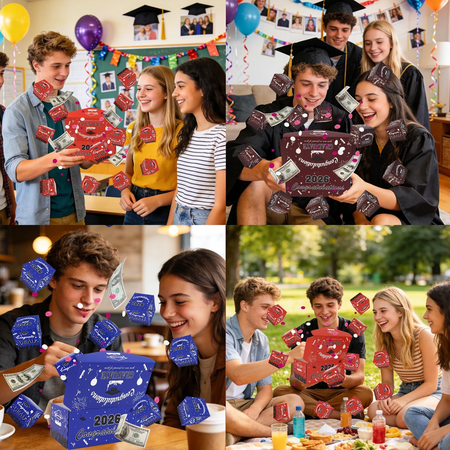 Surprise Gift Box Explosion for Money, Unique Folding Bouncing Red Envelope Gift Box with Confetti, Cash Explosion Luxury for Birthday Anniversary Valentine Proposal (15 Bounces) (Graduation - Red)