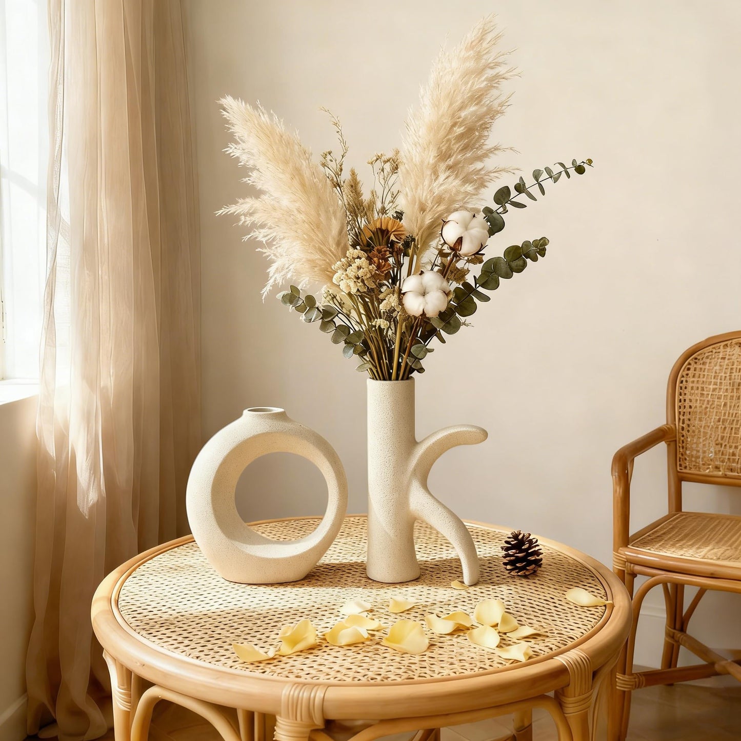 Assemble OK Ceramic Vase Set of 2 for Home Decor, Modern Boho Ins Style Matte Vase for Pampas Grass for Table Centerpiece, Living Room, Shelf, Mantle, Housewarming Gift (Beige White)