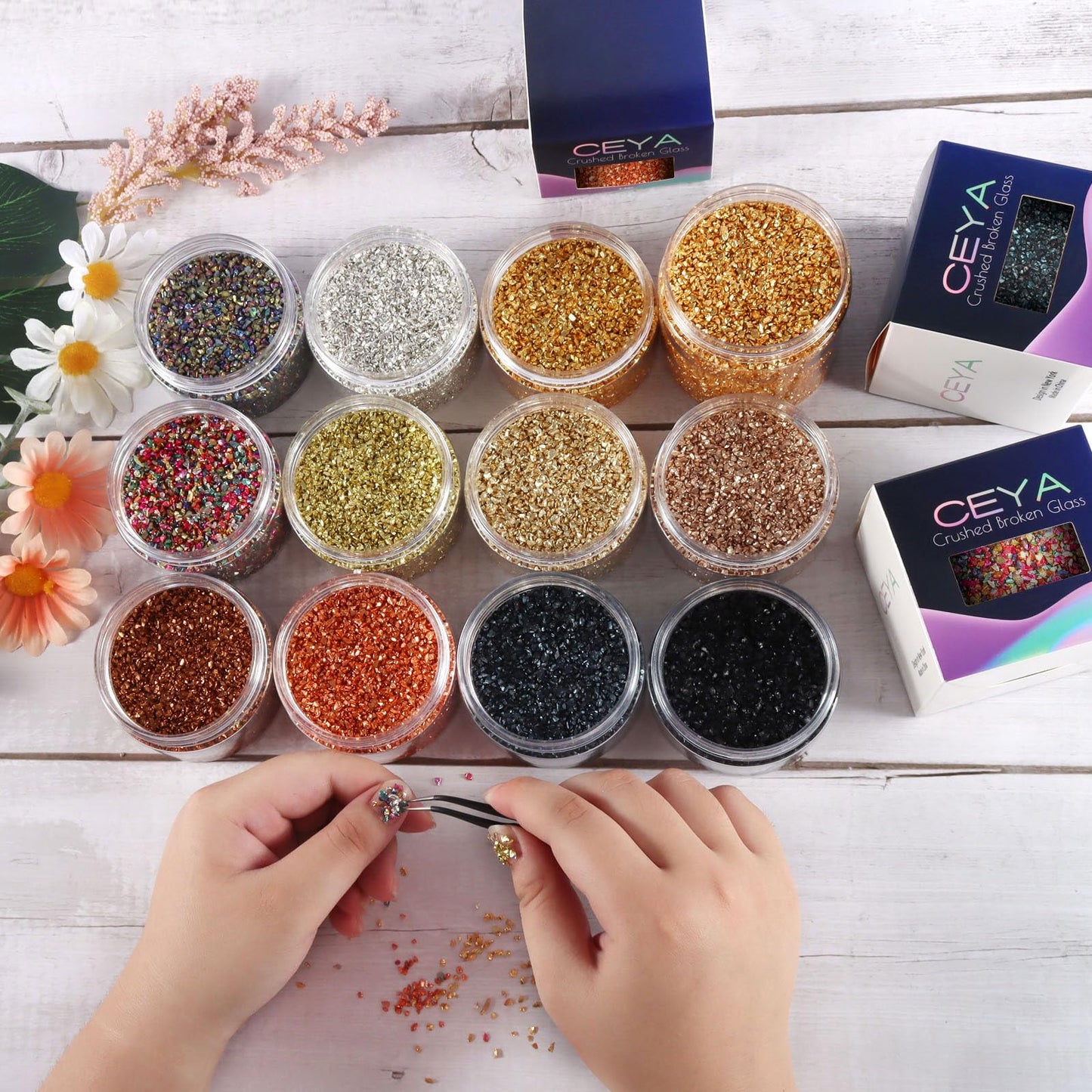 Ceya 5.3oz/ 150g Crushed Irregular Glass Grass Green Metallic Crystal Chips Broken Glass Glitter 2-4mm Craft Chunky Glitter for Nails Art Epoxy Resin Mold Coasters Ornament Painting Geode Phone Case