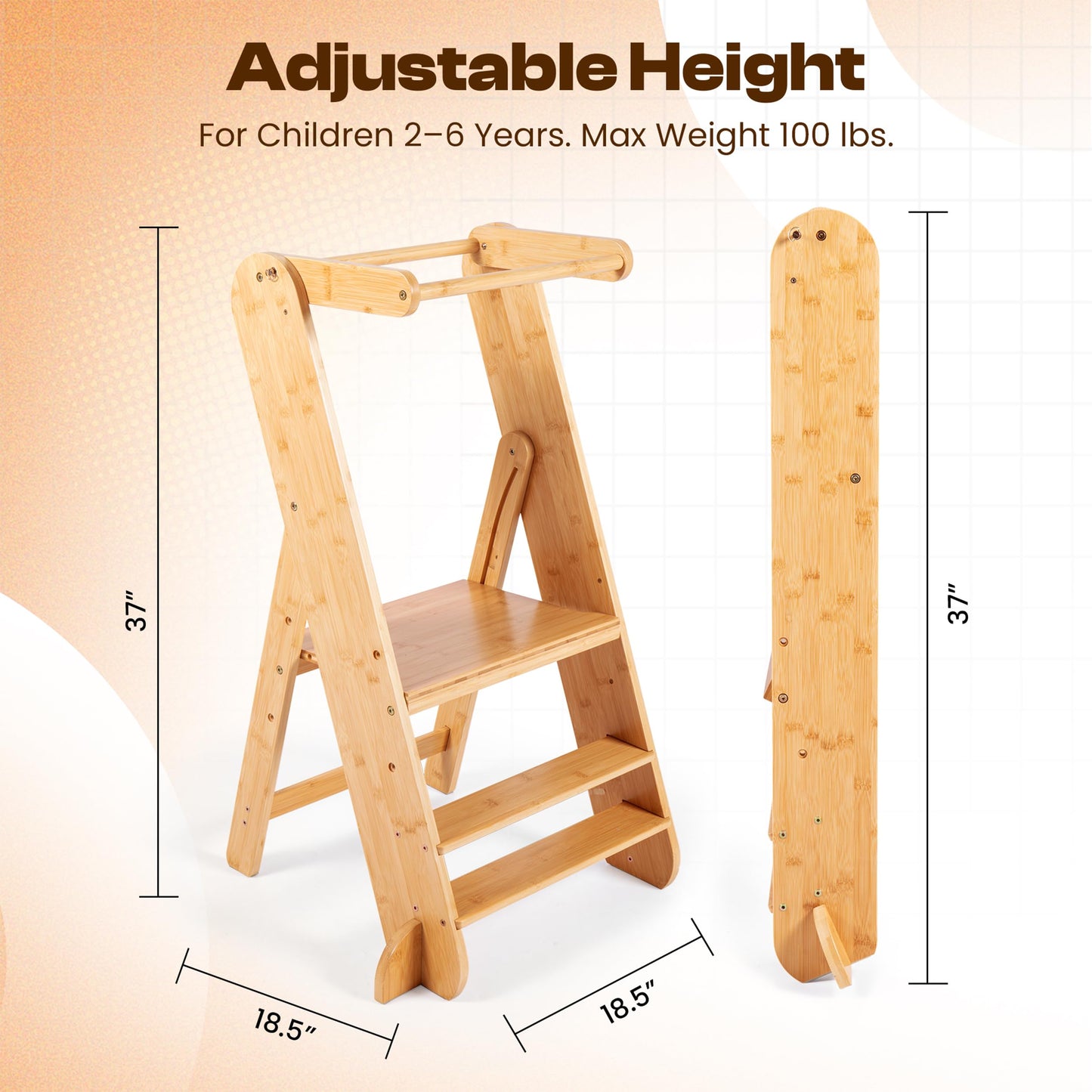 Adjustable Folding Toddler Tower, 3 Level Height Adjustable, Montessori Learning Stool, Kids Standing Tower for Kitchen and Bathroom.