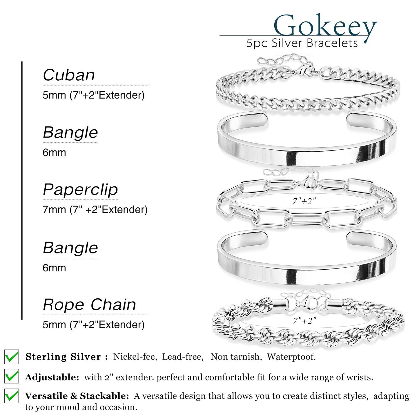 Gokeey Chunky Silver Bracelets for Womenc Trendy, Silver Cuff Bracelet Non Tarnish Rope Cable Paperclip Cuban Link Chain Bangle Bracelet Set Jewelry