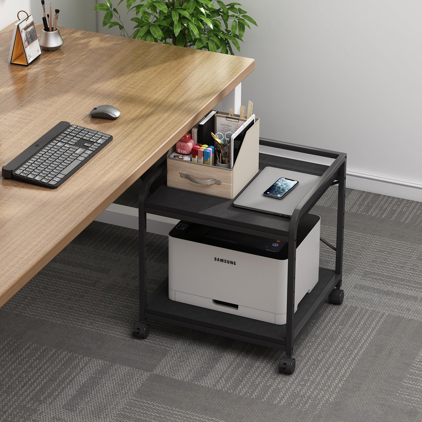Fannova 2 Tier Under Desk Printer Stand with Storage, 20 Inches Deep Large Printer Table with Height Adjustable Shelf, Rolling Printer Cart with Wheels for Home Office - Black