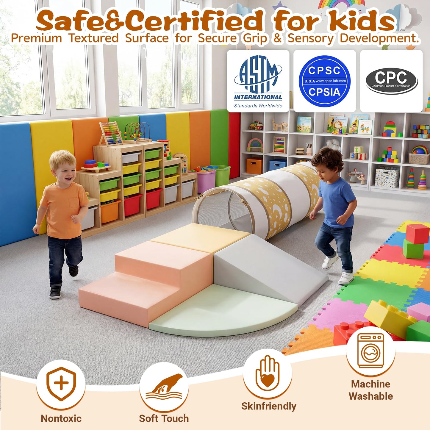 PATAZOK Climbing Toys for Toddlers, 5-Piece Soft Foam Climbing Blocks Set&Crawl Through Tunnel, Toddler Playtime Corner Climber Indoor Foam Play Gym (5-Piece Set&Tunnel)