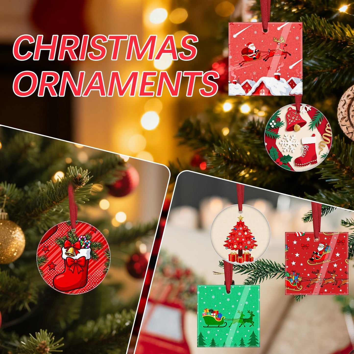 24 PCS Sublimation Glass Christmas Ornaments Sublimation Ornament Blanks 3 inches 12 Round + 12 Square with red Ribbon, Christmas Bulk Package to Create a Personalized Home