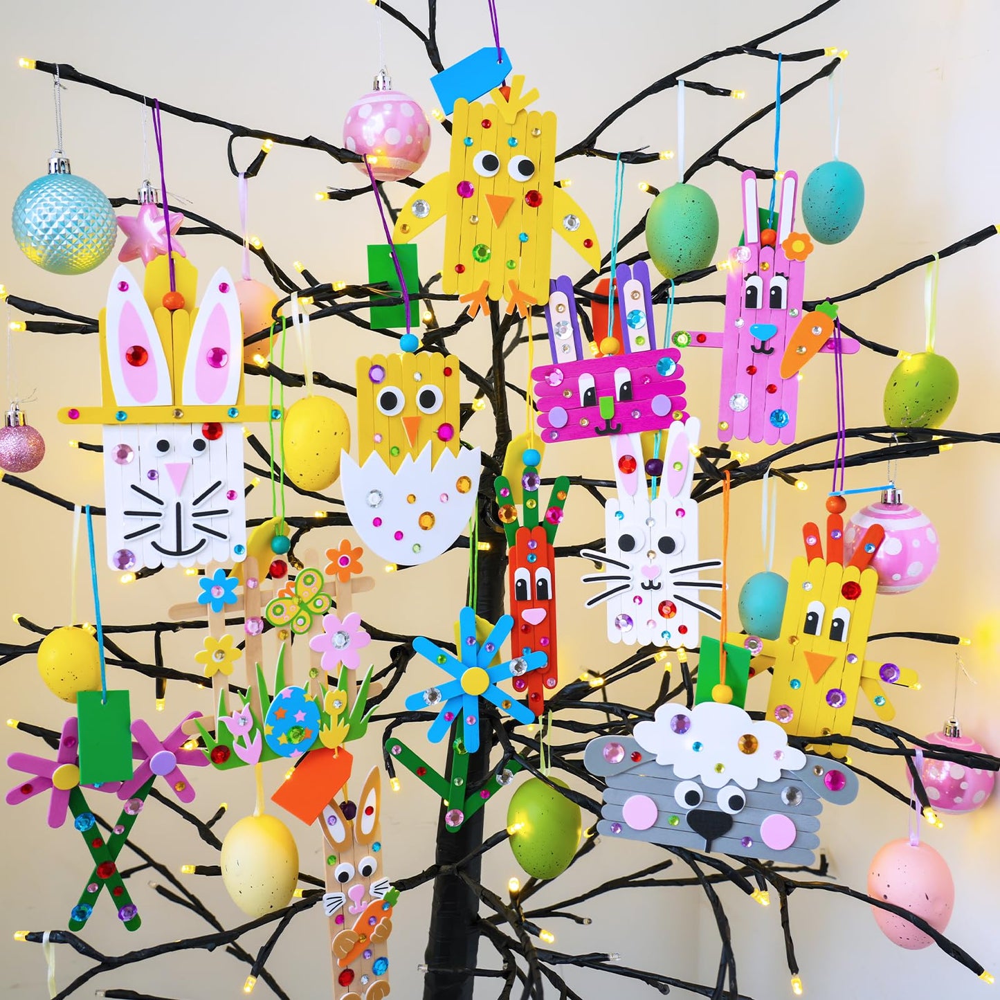 Winlyn 26 Sets Easter Craft Kits Spring Crafts DIY Craft Stick Easter Ornaments Decorations Art Sets Bunny Chick Lamb Flower Foam Stickers Arts and Crafts for Kids Classroom Activities Party Favors