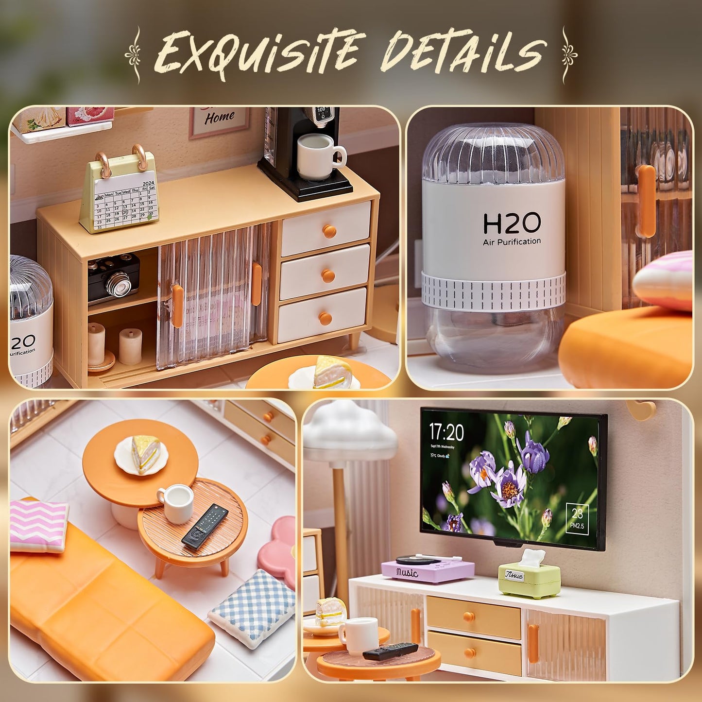 Qudify Miniature Living Room DIY Kit – 92Pcs 1:24 Scale Dollhouse Furniture with LED Light, Modular Scene Connector & Realistic Details for Kids 8+ and Collectors
