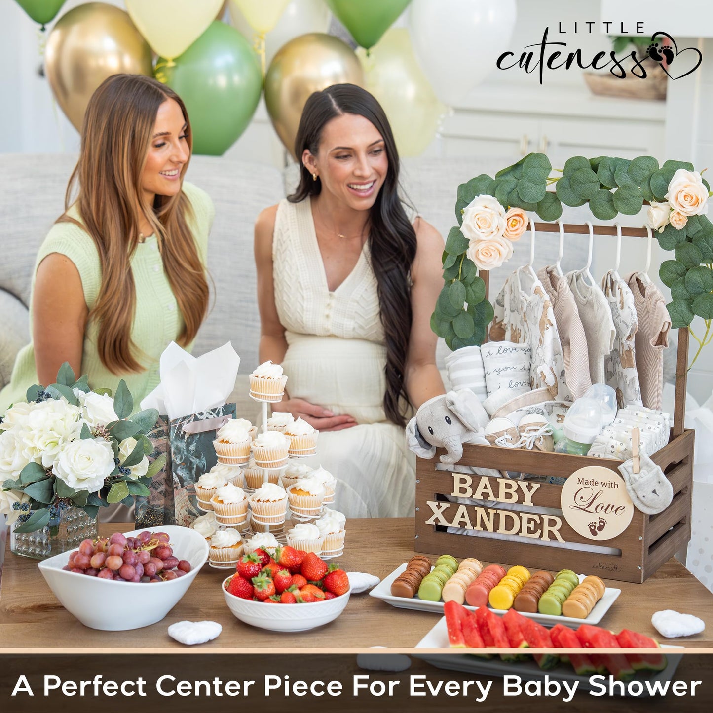 Little Cuteness Wooden Baby Shower Crate Closet - Rustic Brown, Personalized Baby Gift Basket with Dual Rod System, Easy Assembly, 16"L x 11.8"W x 8"H
