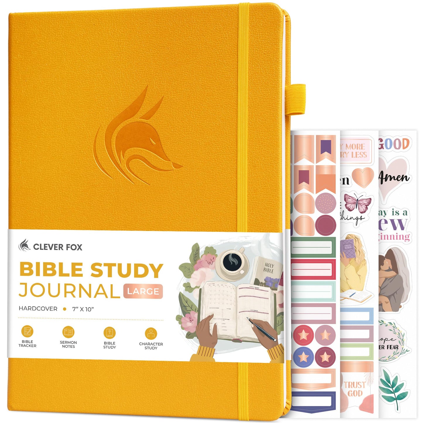 Clever Fox Bible Study Journal Large – Church Notes Notebook – Note Taking & Journaling Kit – Faith Based Religious Accessories, 7x10” (Amber Yellow)