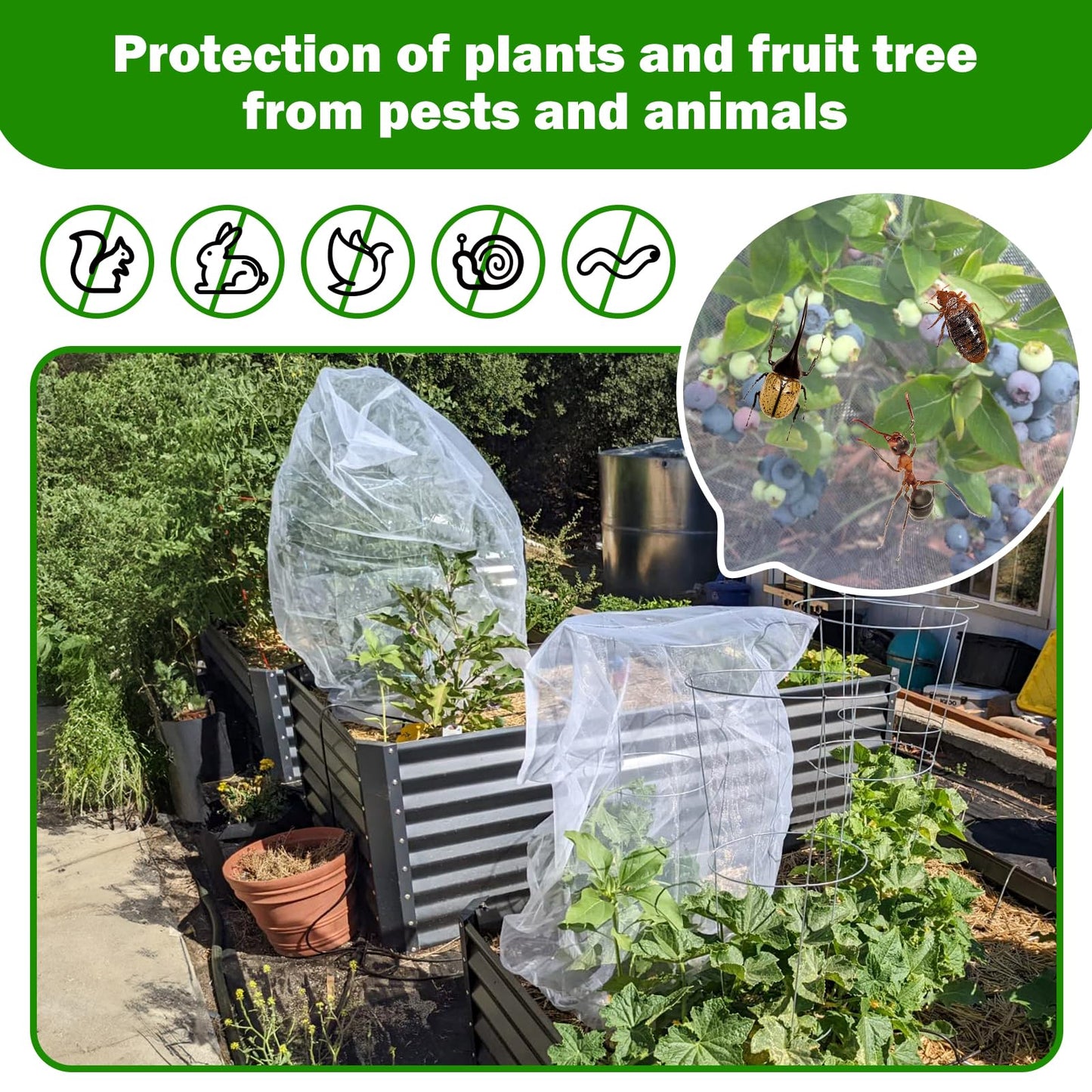 6 Pack Garden Netting for Plants 2.6x3.3ft - 3.3x4.9ft Mesh Fruit Tree Blueberry Pest Barrier Bug Netting with Drawstring 2-Size Insect Bird Netting for Tomato Vegetable Net