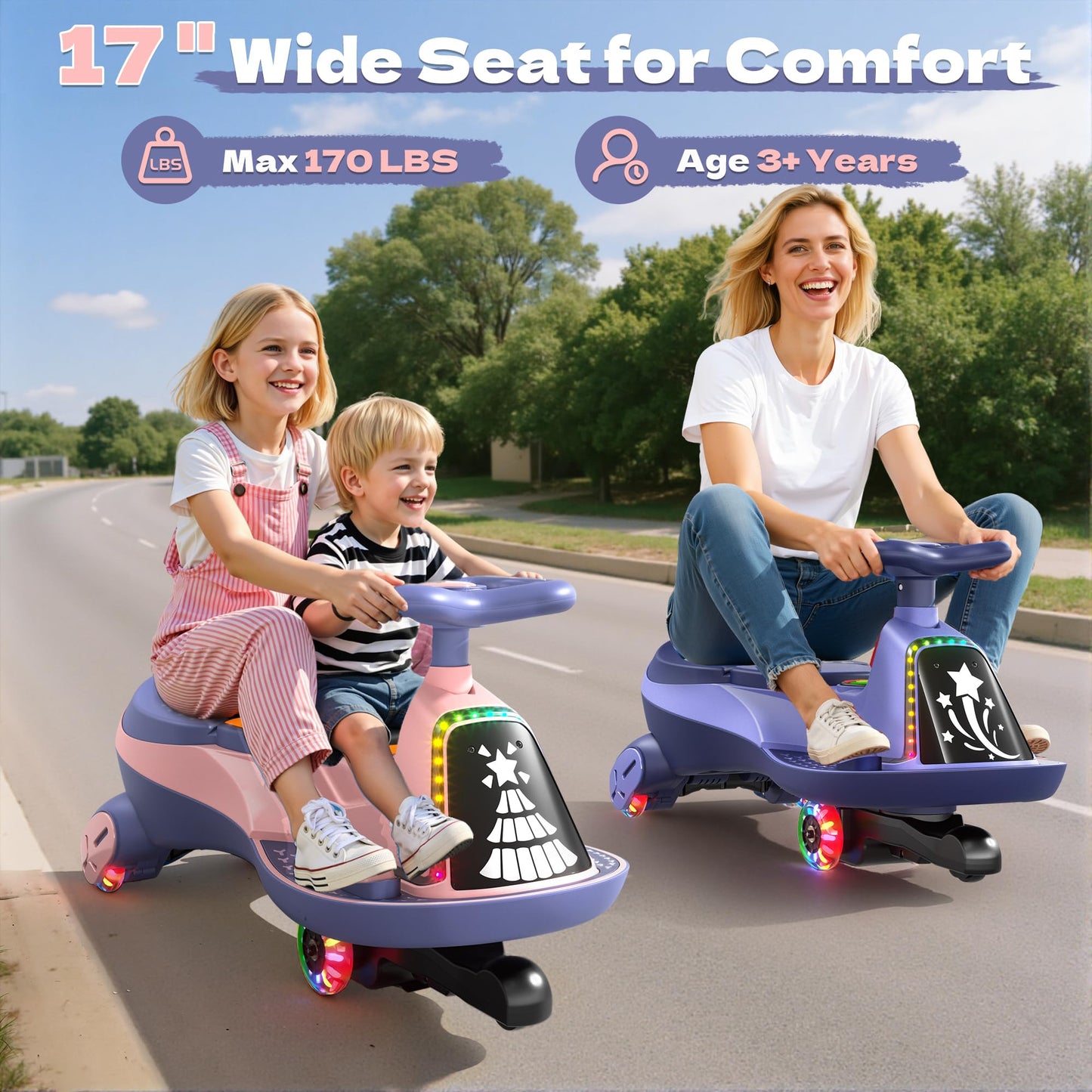 ANPABO 12V Electric Wiggle Car with Pedals, 2 Seater, 2x75W Motor, Music & Bluetooth, Ride On Toy for Kids Ages 3+, 170 Lbs, Pink
