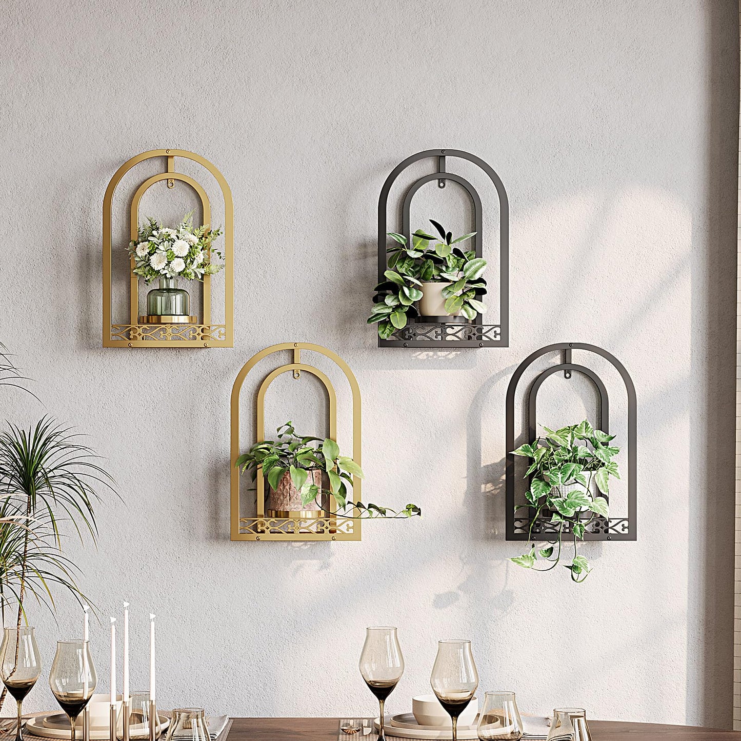 Rioneta Wall Hanging Planters, Modern Iron Frame for Indoor/Outdoor Plants, Stylish Decor for Living Room, Garden, Patio 3 Pack Gold（No Light）