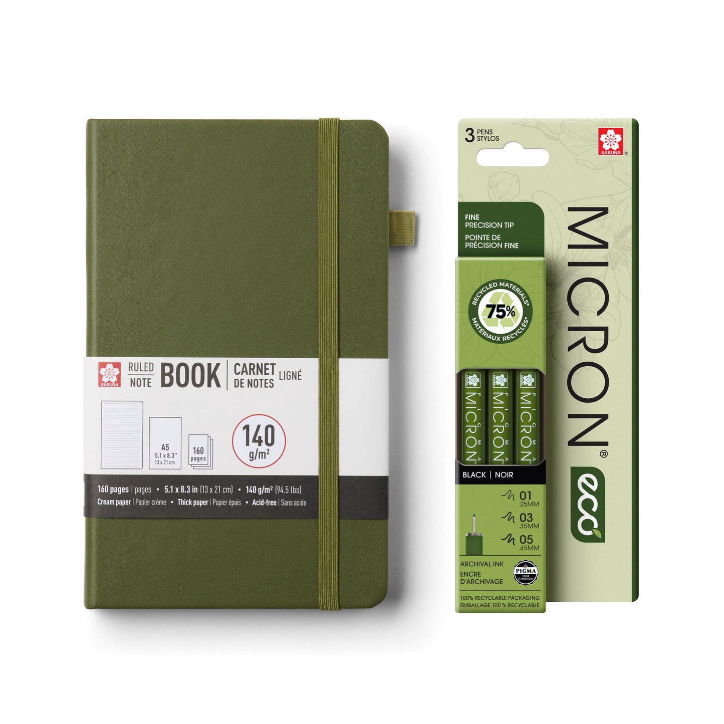 Sakura A5 Notebook & Pigma Micron Bundle - Creative Set for Journaling, Sketching & Writing - A5 Notebook with 140 GSM Paper - Archival Ink Pens - Stationery Bundle - 5.1 x 8.3"