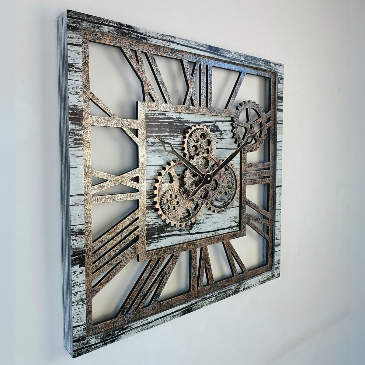 The Gears Clock 24'' Inch Square Real Moving Gear Wall Clock Vintage Industrial Oversized Rustic Farmhouse (Grey and White)