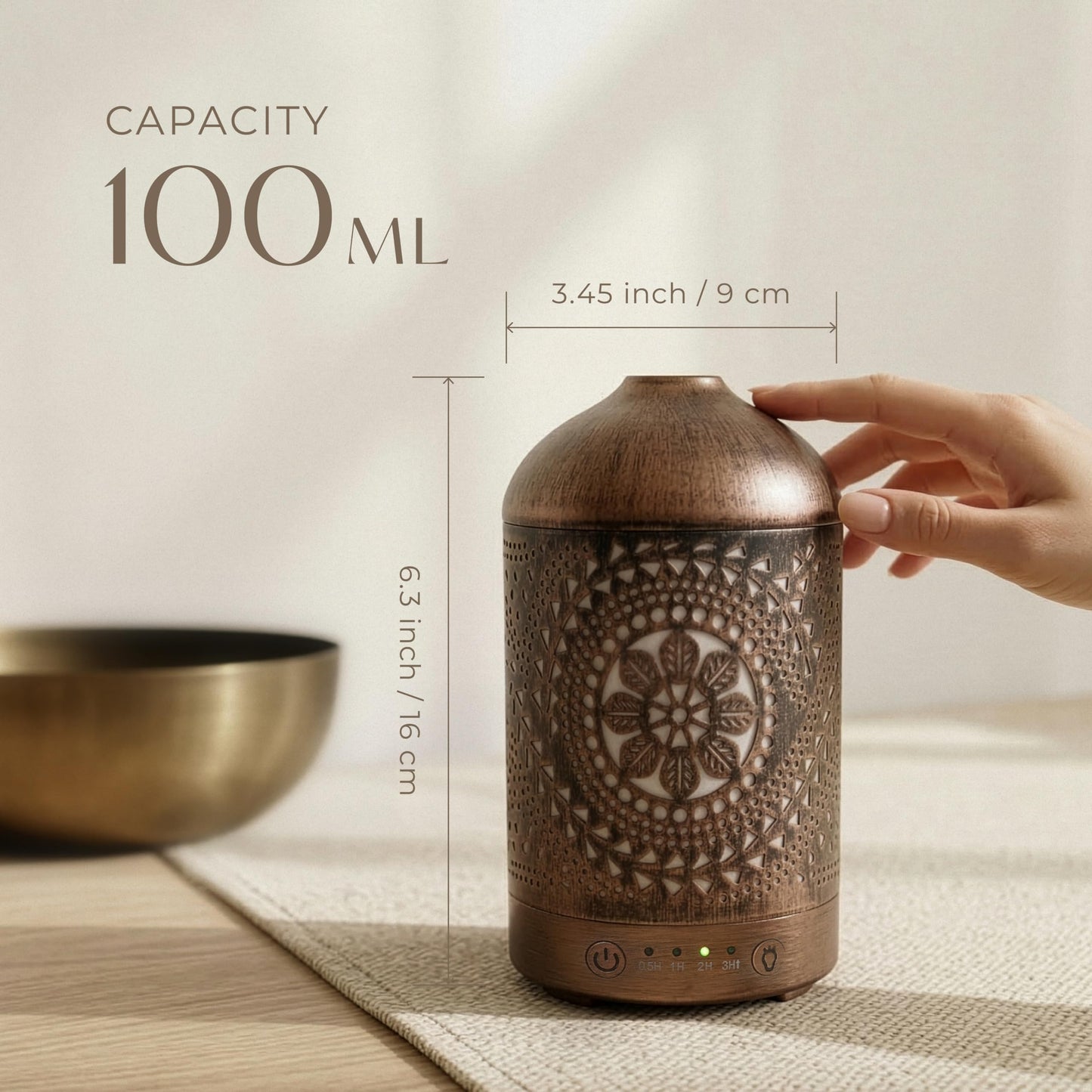 Earnest Living Essential Oil Diffuser Metal Diffuser 100 ml Timers Night Lights and Auto Off Function Home Office Humidifier Aromatherapy Boho Decor Gift