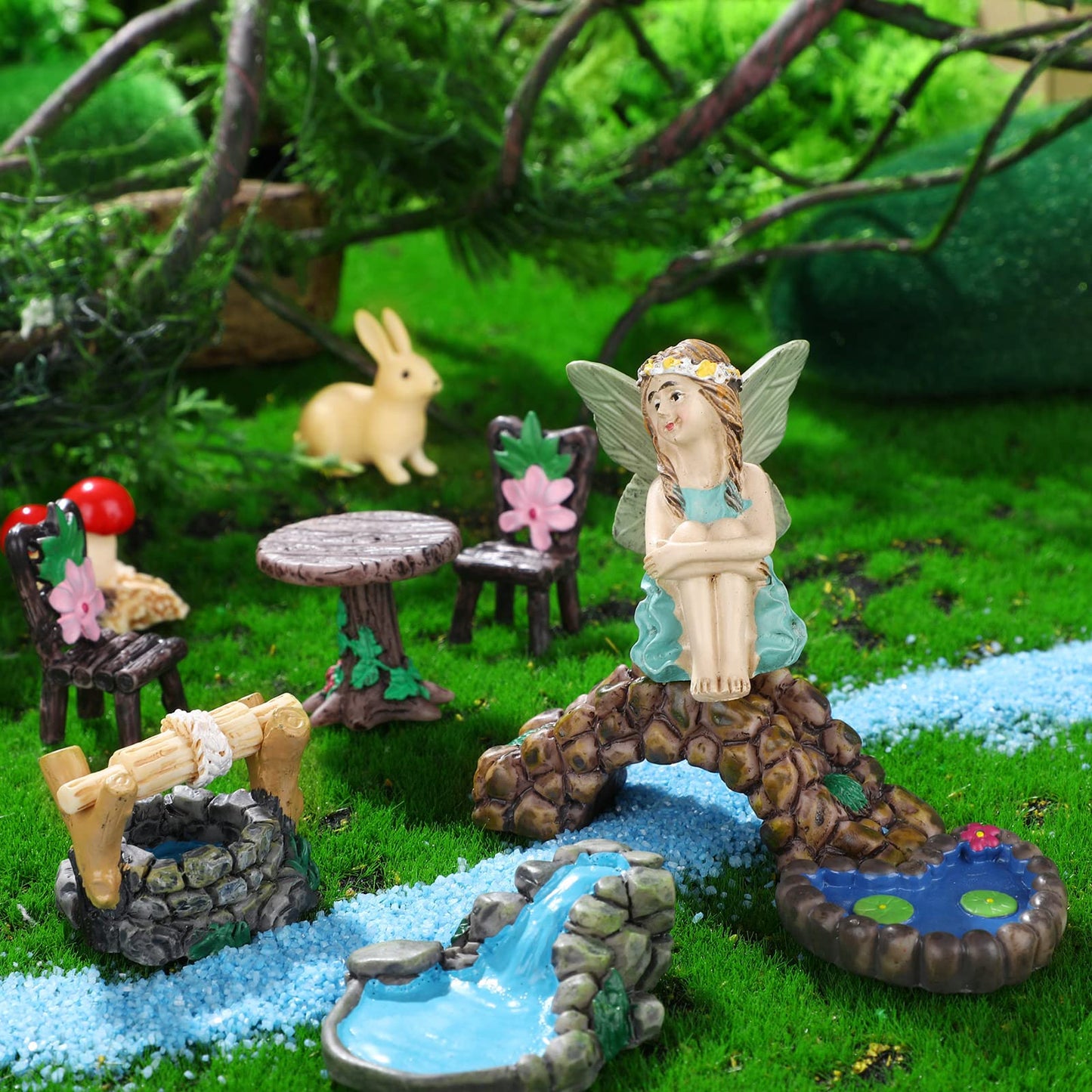 Roowest 19 Pcs Miniatures Garden Fairies Kit Garden Accessories Miniatures Bunny Squirrel Owl Animals Cute Tiny Mushroom Mini Pond Bridge Figurine for DIY Home Micro Landscape Terrarium Ornaments