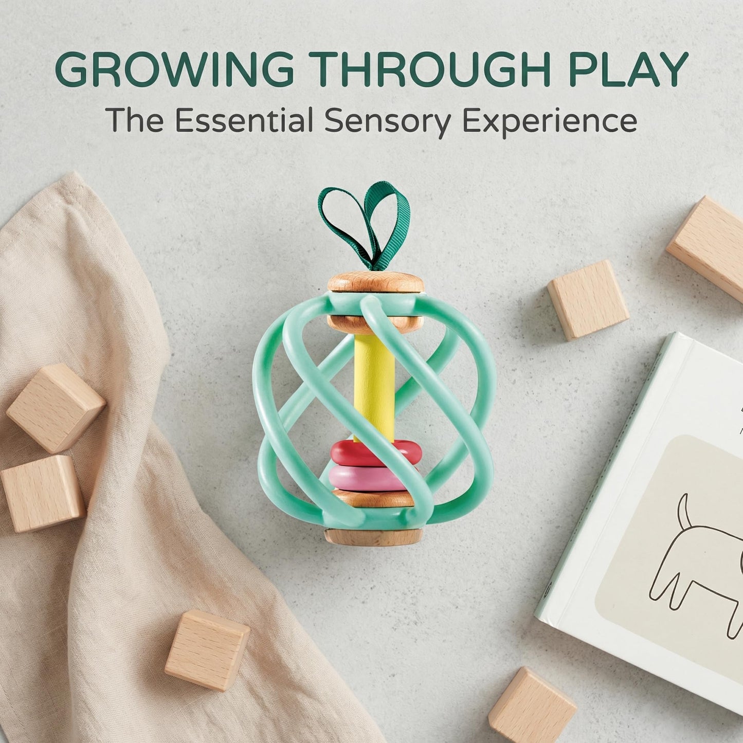 Hape Apple Grab Toy - Silicone & Wood Baby Rattle & Teether – Sensory Development Toy with Gentle Sound, Soft Chewable Rings, Easy Attachment for Crib & Stroller – for Babies 0-18 Months