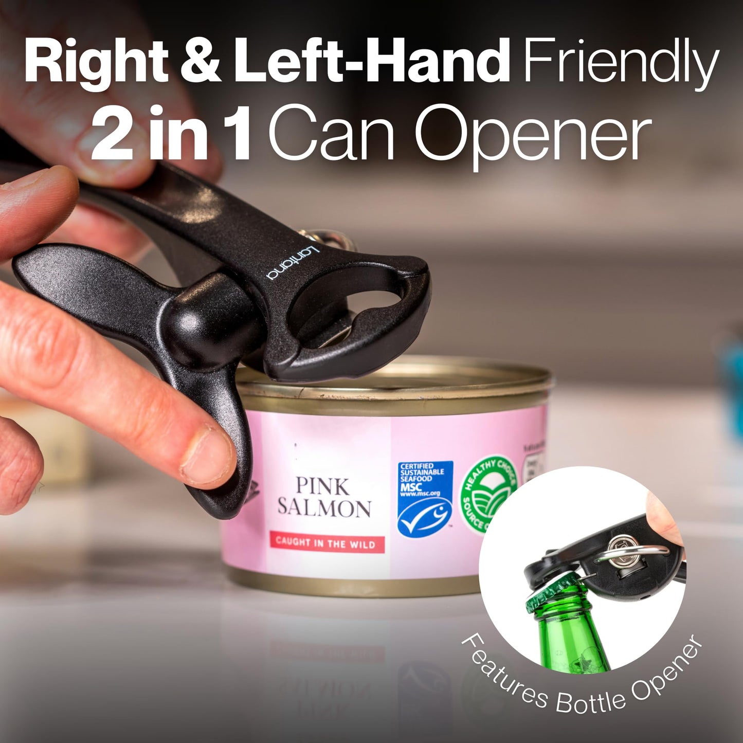 Lantana Smooth Edge Can Opener with Bottle Cap Lifter - Hand Held Manual Safety Tin Opener - Black/Stainless Steel