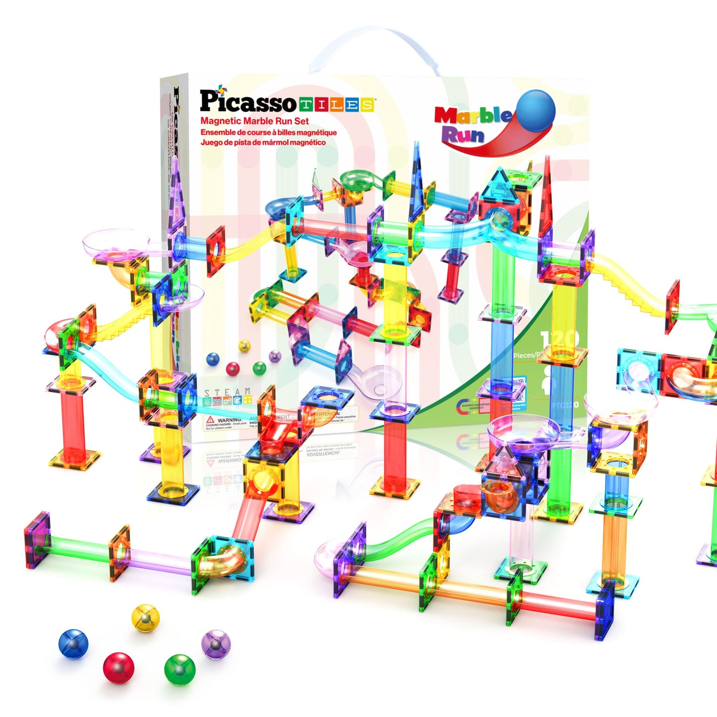 PicassoTiles 120pc Magnetic Tile Marble Run Set STEM Construction Toy with Track Building Blocks Educational Learning Compatible for Brain Development Creativity Coordination Kids Age 3 Plus PTG120