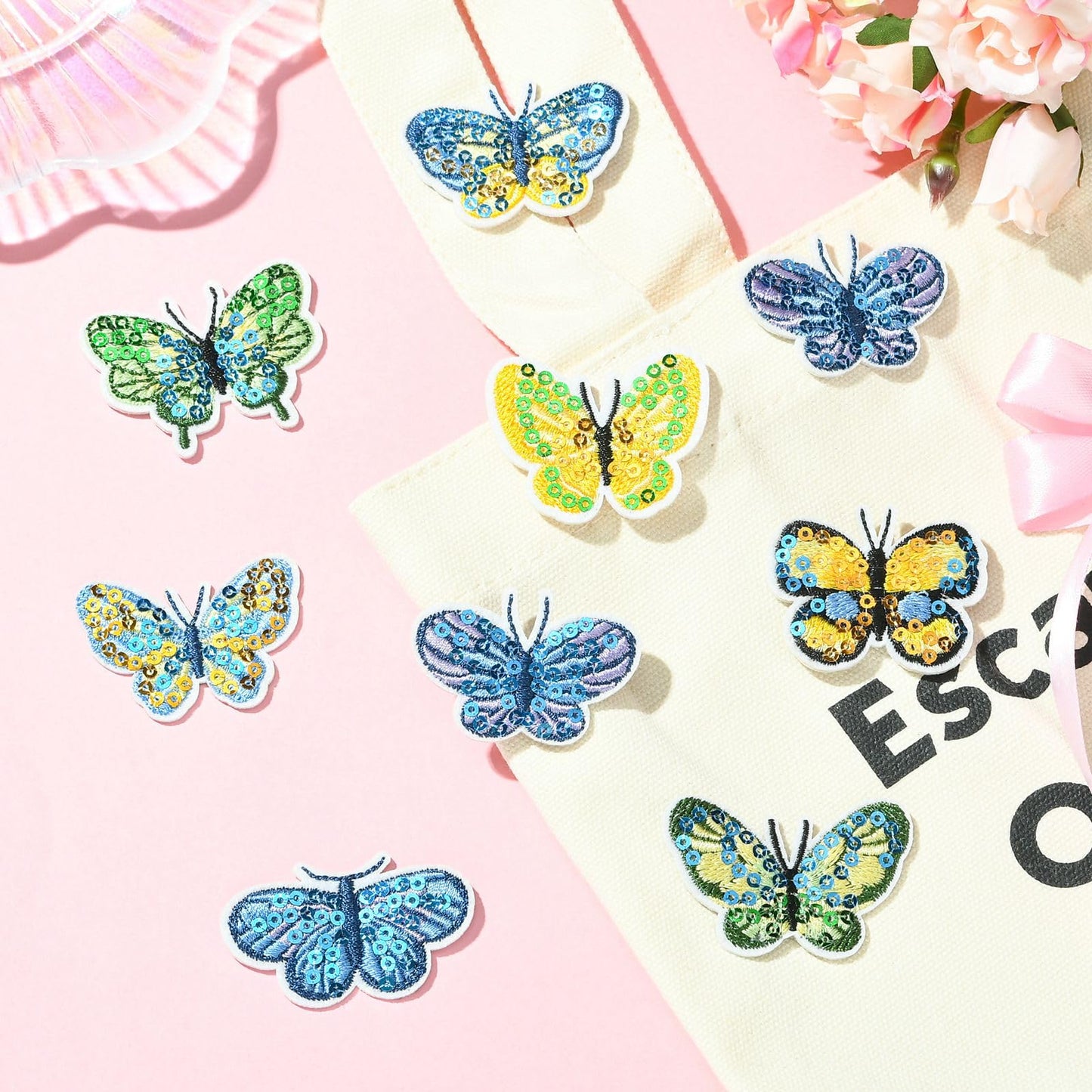 Gythara 16 Pcs 8 Styles Spring Butterfly Theme Polyester Patches Sequin Insect Animal Iron on Embroidery Appliques for Clothes Bag Backpack Sewing Craft Costume Accessories