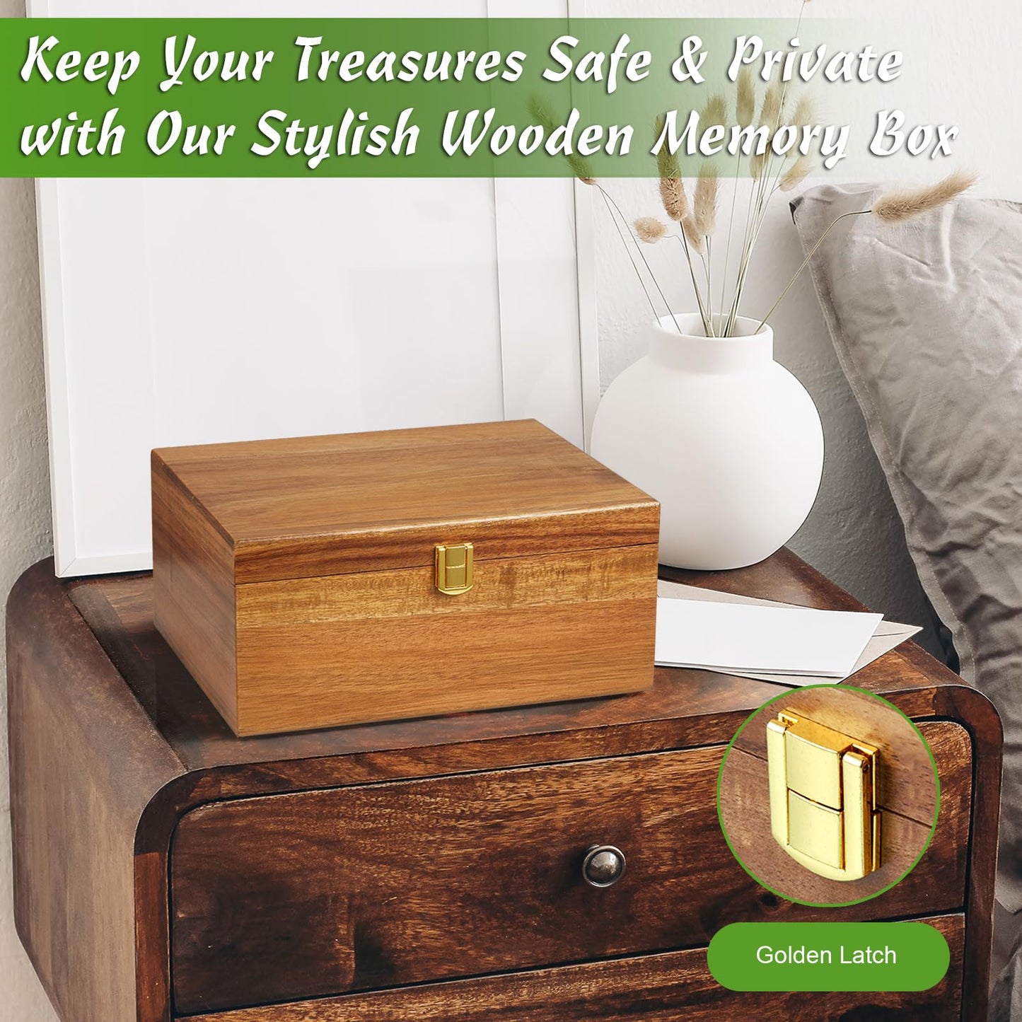 DRASTAR Wooden Keepsake Box, Large Acacia Storage Box with a Hinged Lid, Memory treasure box for Crafts and Photo Storage