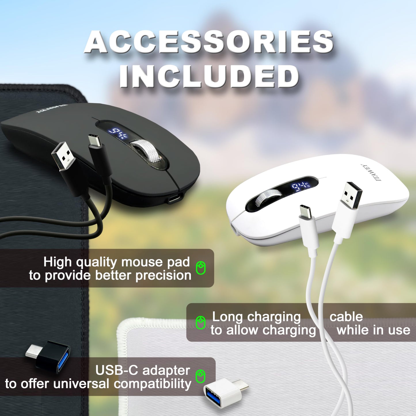 ITAWEY Wireless Mouse & Pad Combo - LCD Display, Bluetooth & USB Receiver, Tri-Mode, Rechargeable, Quiet Clicks, with USB-C Converter, Precise Steel Scroll Wheel, 3200 DPI for PC, Laptop, Tablet