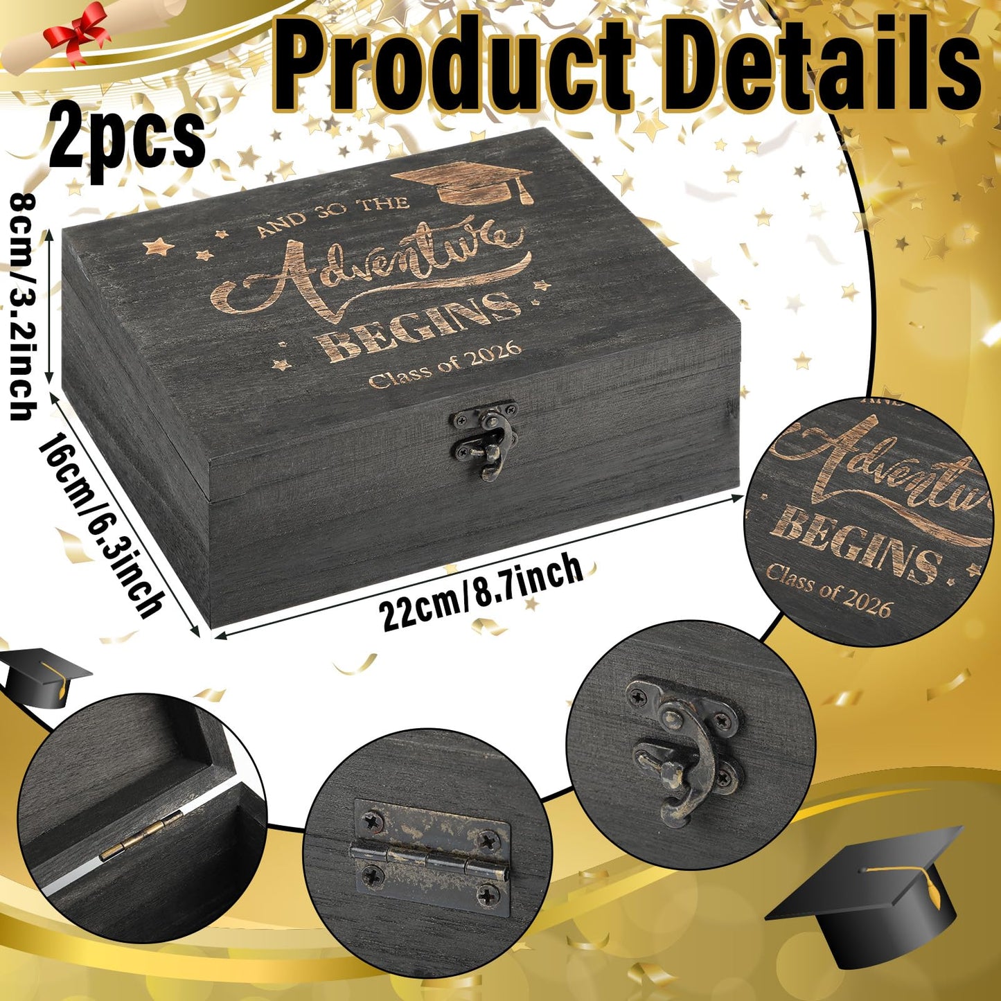 BreezeHug 2 Pcs Class of 2026 Graduation Keepsake Box Senior 2026 Gift Memory Chest Wooden Box with Hinged Lid Engraving Graduation Gift Boxes for Him or Her Graduate Grad Keepsake Memory Storage