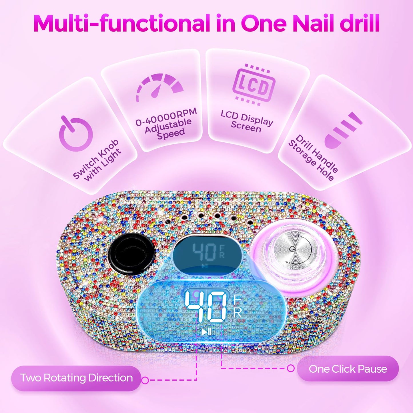Nail Drill Electric File: DEDNMSCA Sparkly Professional Nail Drill Kit, 40000RPM E-File Machine with 12 Drill Bit for Acrylic Nail Remove Nail Gel Polish Manicure for Salon Home, Colorful Diamond Lamp