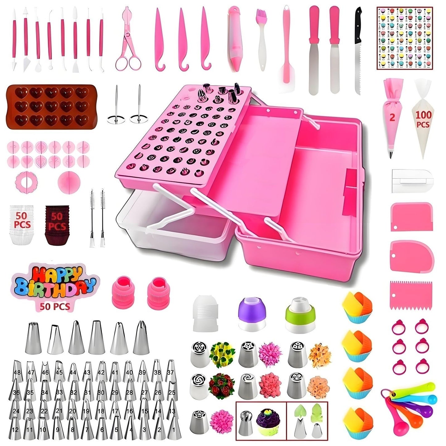 YOQXHY Cake Decorating Kit, 387 Pcs Baking Supplies Tools with 56 Icing Tips, 8 Russian+Ball Tips, 3 Spatulas, 5 Couplers, 8 Carved Pens, 102 Pastry Bags, Storage Box & More, (Pink)