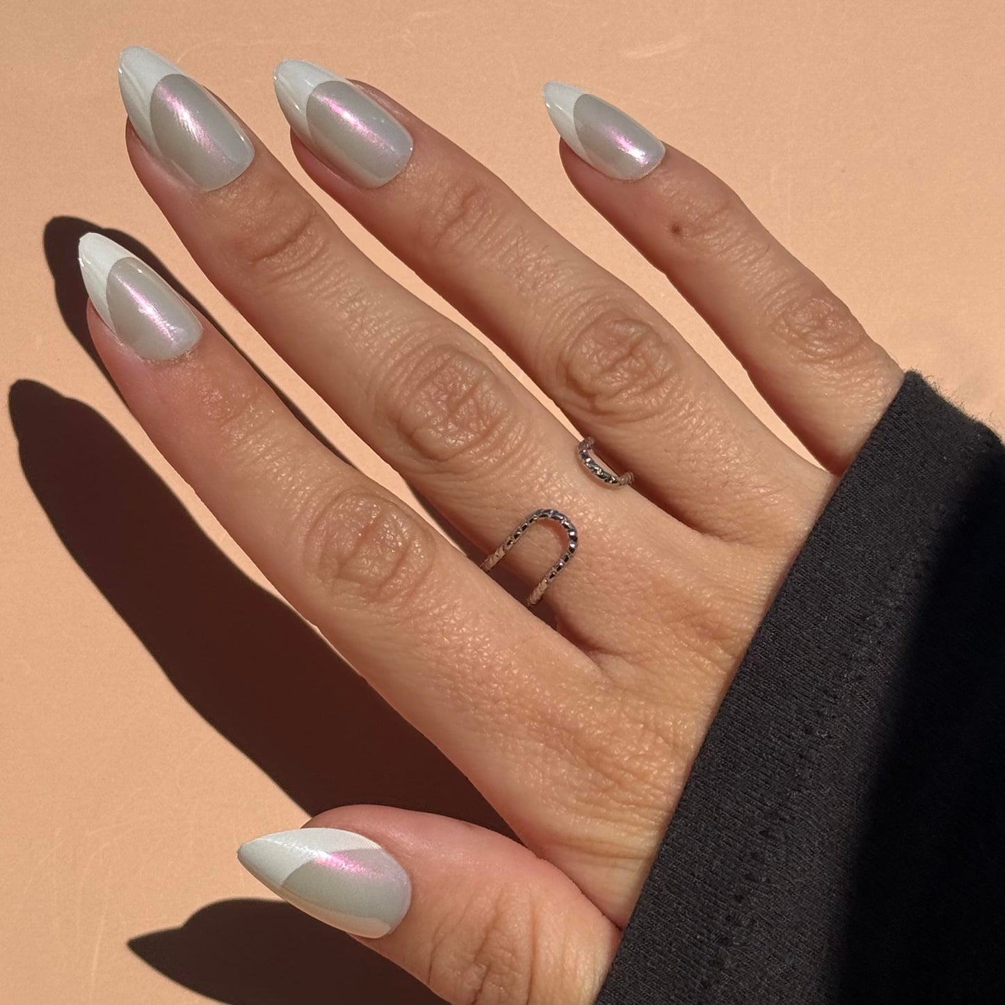 CHROME LADY Press-On Nails by Lavaa Beauty | Short Almond French Tip Iridescent Chrome Glaze Finish Nails