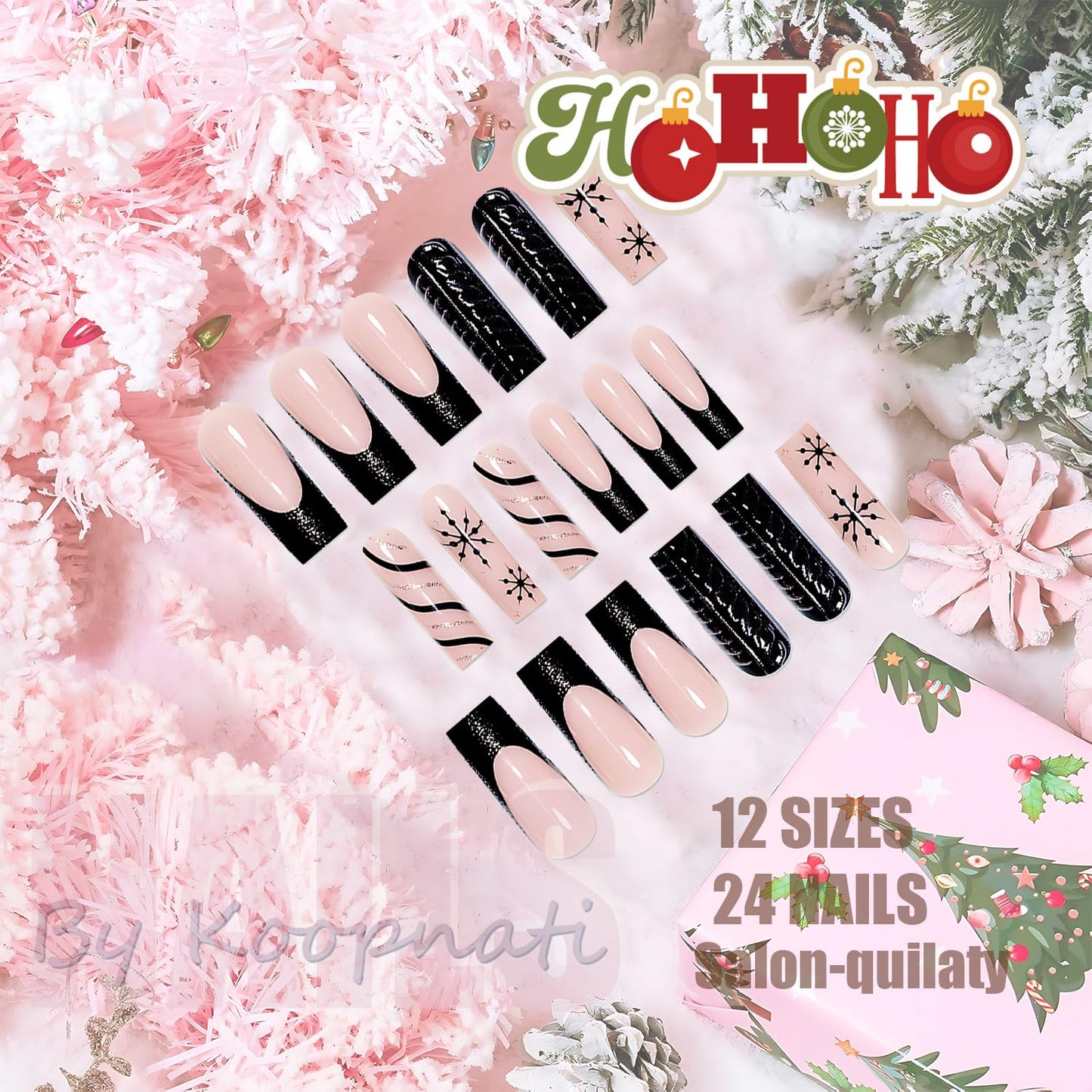 Christmas Press On Nails Medium Square Black French Tips Nails with Glue Winter Snowflake Design,Christmas Nails Long False for Women Holiday Xmas Gifts