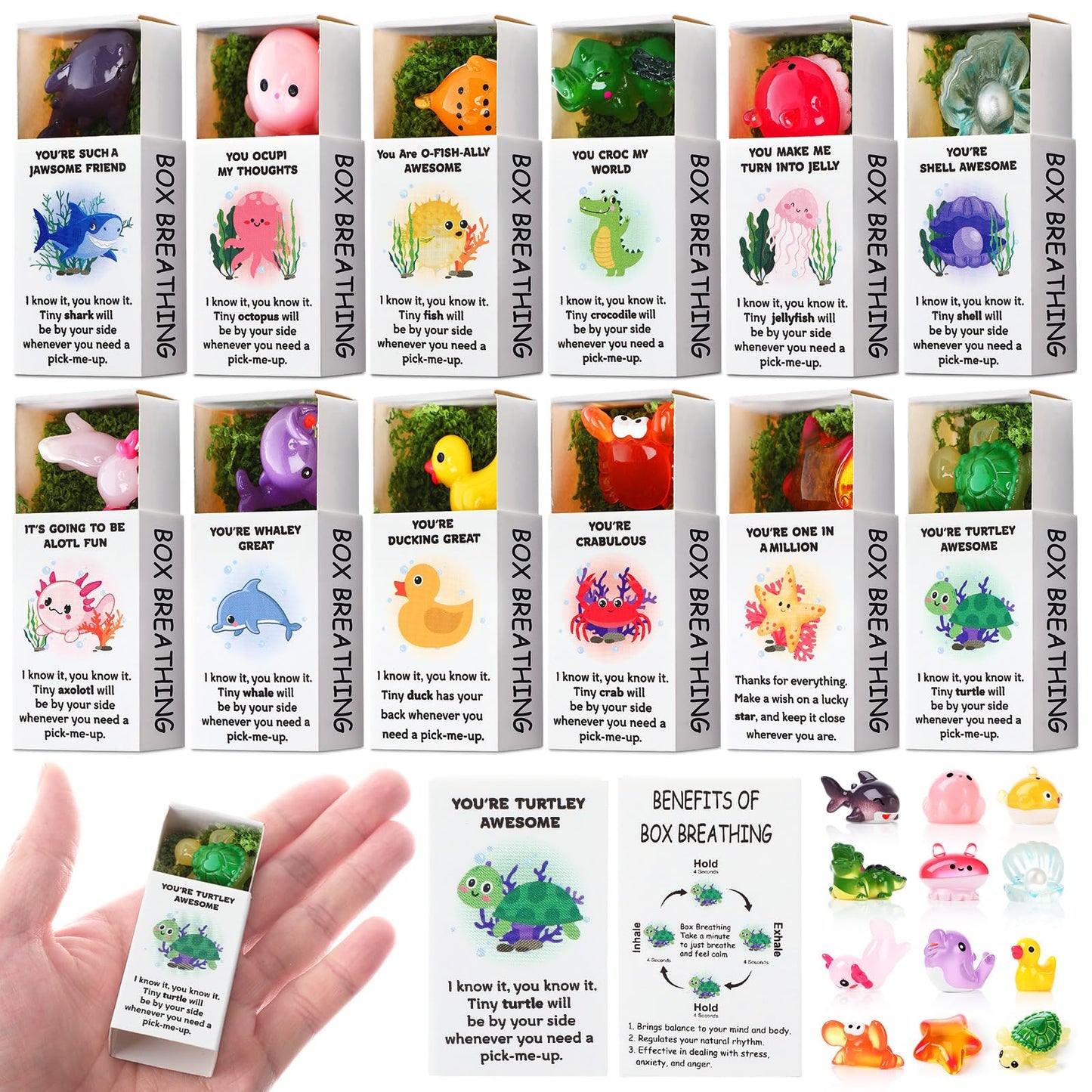 Halloscume 60 Sets Employee Appreciation Gift Box Bulk Mini Resin Sea Ocean Animals Breathing Gift Bulk Emotional Support Positive Box for Staff Coworkers Team Mental Health Care
