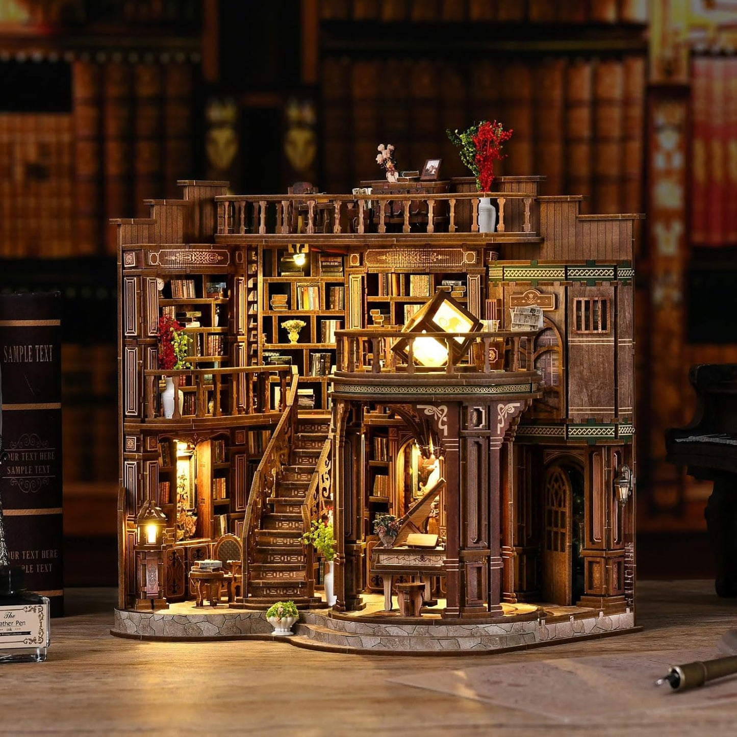 DIY Book Nook Kit, 3D Wooden Puzzle Miniature Booknook Bookend Bookshelf Decor with LED Light,Cherry Blossom Bookstore Bookshelf Insert Booknook, Book Nook Kits for Adults