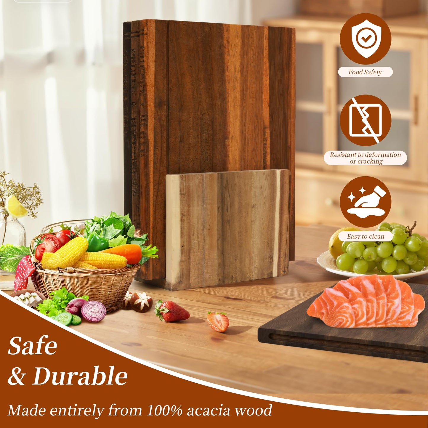 Book Cutting Board Set with Stand, Solid Acacia Book Shaped Cutting Board, 3pcs Bookshelf Cutting Board for Classify the food, Decorative Library Cutting Boards Set, Unique Gift for Book Lovers/Chefs