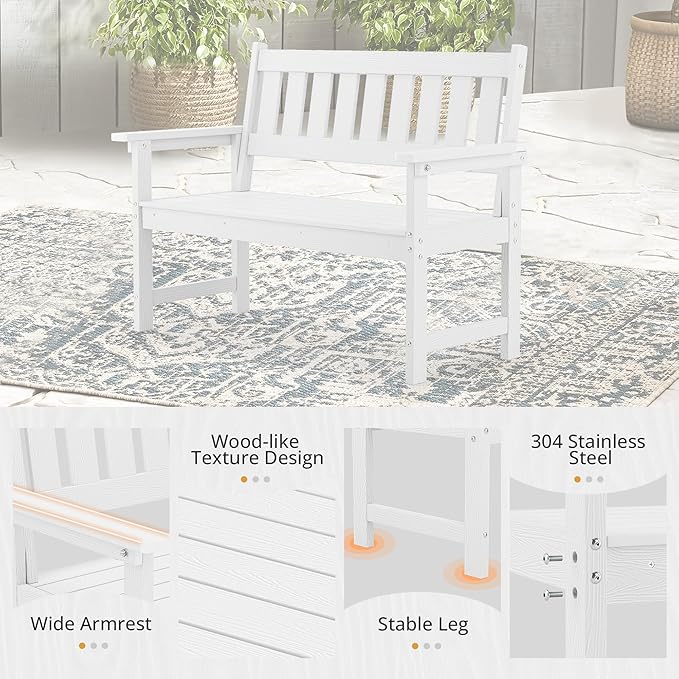LUE BONA Outdoor Bench, 2-Person HDPS Garden Bench, Outdoor Benches Weatherproof, All-Weather Fade/Rot Resistant Patio Bench for Park, Front Porch, Backyard (White)