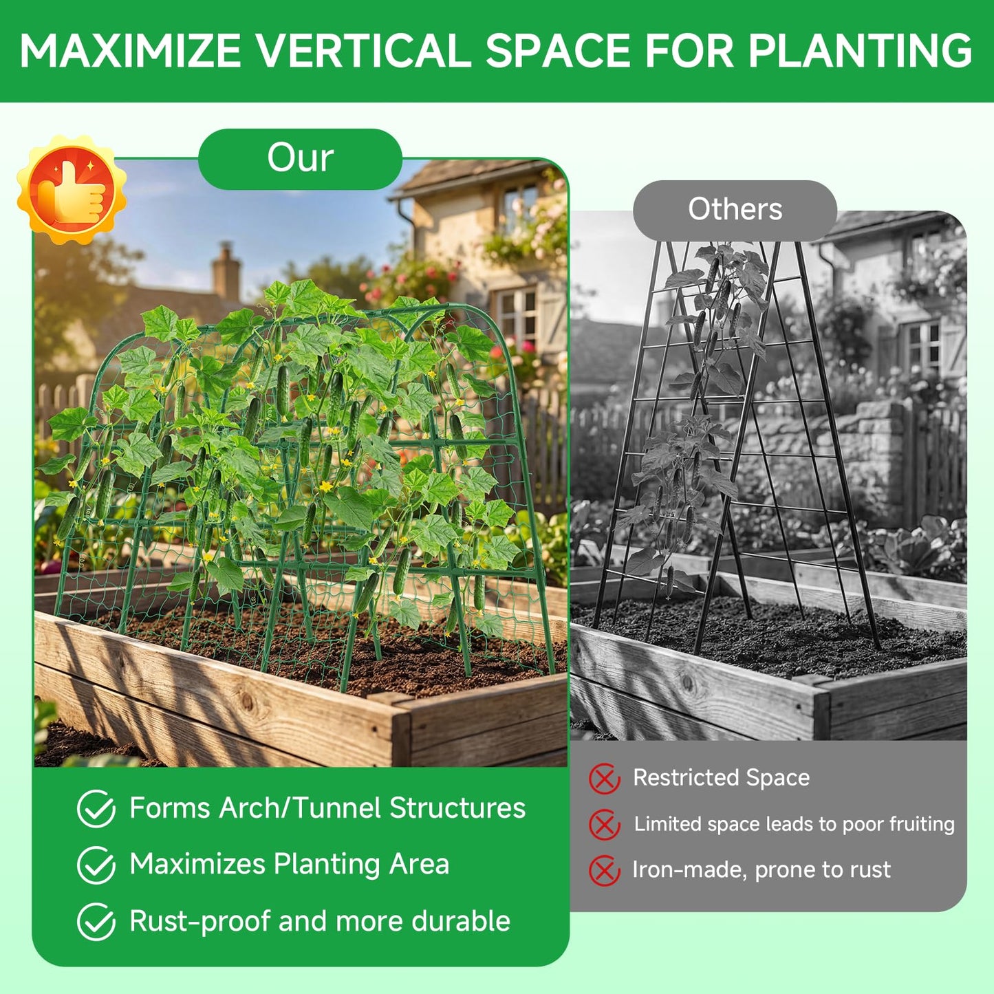 Cucumber Trellis for Raised Bed, 48x65 Inch U-Shape Garden Trellis for Outdoor Climbing Plants, Rust-Resistant Arch Plant Support Vegetable Trellis for Cucumber Tomato Pea Zucchini, Squash