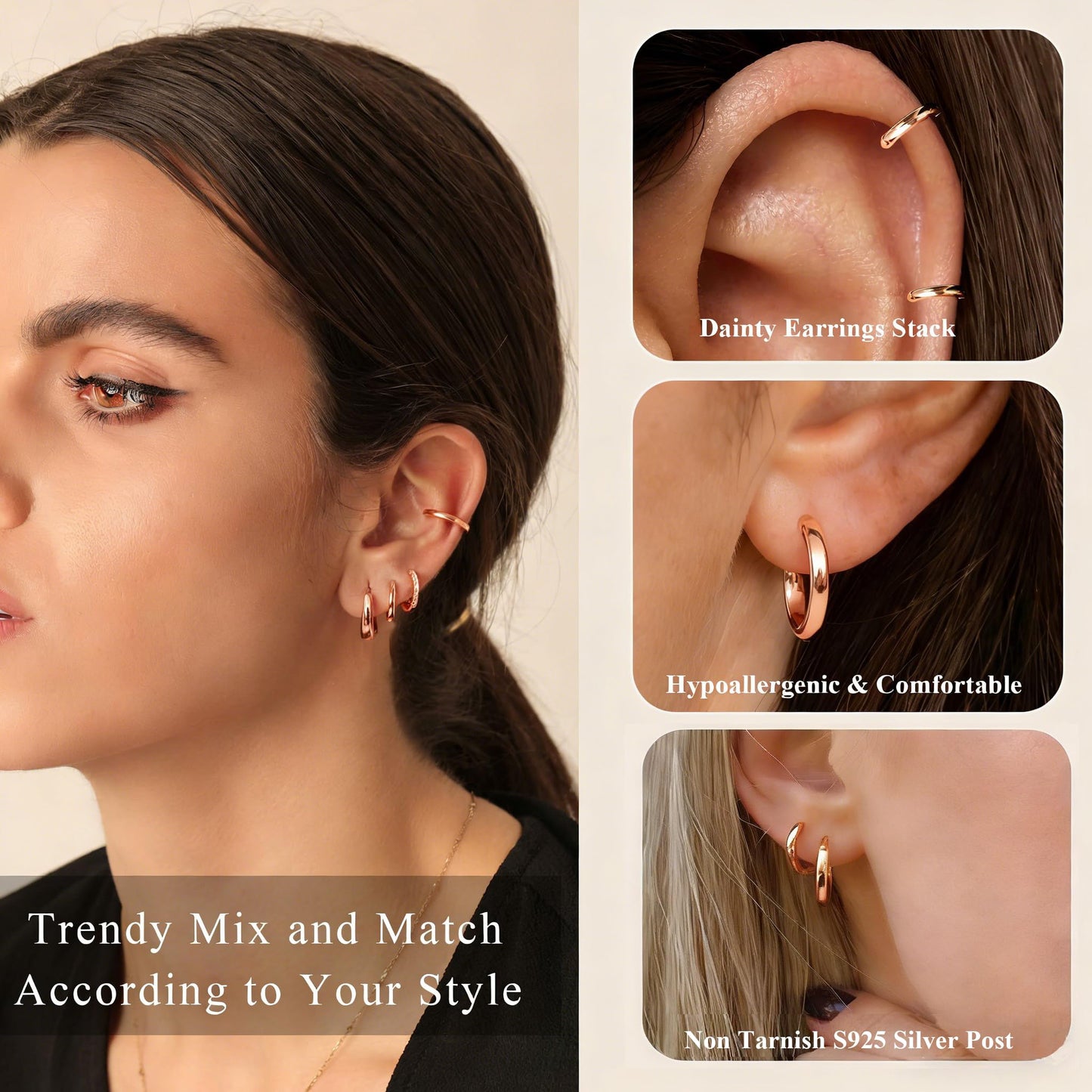 DORANA Rose Gold Earrings for Women Non Tarnish Small Huggie Earrings 925 Hypoallergenic Cartilage Stackable Sleeper Hoops Rose Gold Stacks Sets for Multiple Piercing,3 Pairs