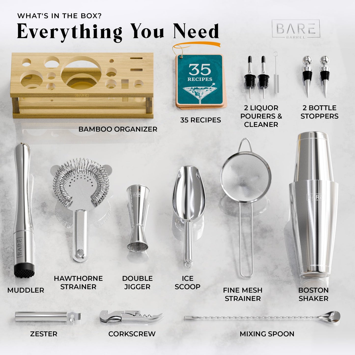 BARE BARREL® Mixology Bartender Kit Bar Set | 16-Piece Cocktail Shaker Set | Martini Barware Mixing Tools for Home Bartending | Incl. 35 Recipe Cards | Gift Set (28oz Boston Shaker, Silver/Natural)