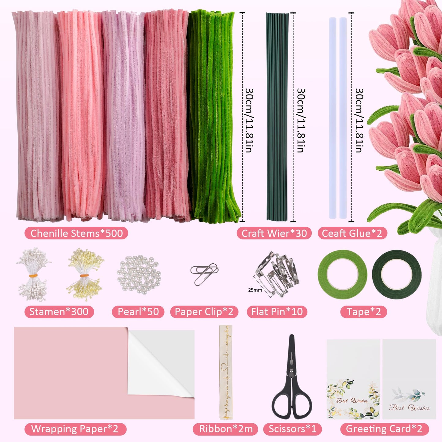 EARLY MINDS 500 Pcs Pipe Cleaners Craft Kit for Flower Making, DIY Bouquet Set with 8mm Chenille Stems, Step-by-Step Tutorial, Floral Wire, Ribbon & Tools for Handmade Gifts and Decor, Pink